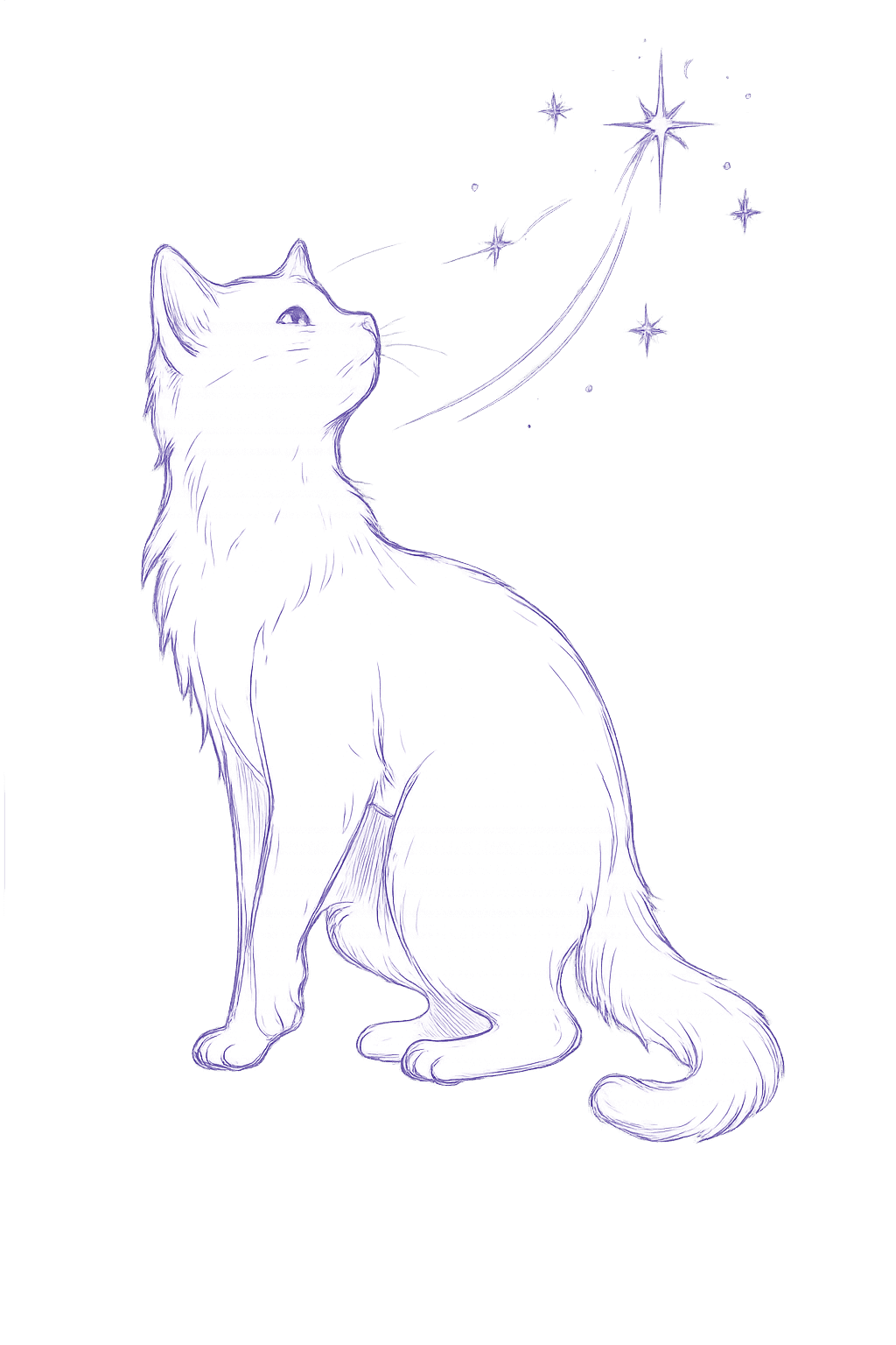 Illustration of a kitten among clouds and stars