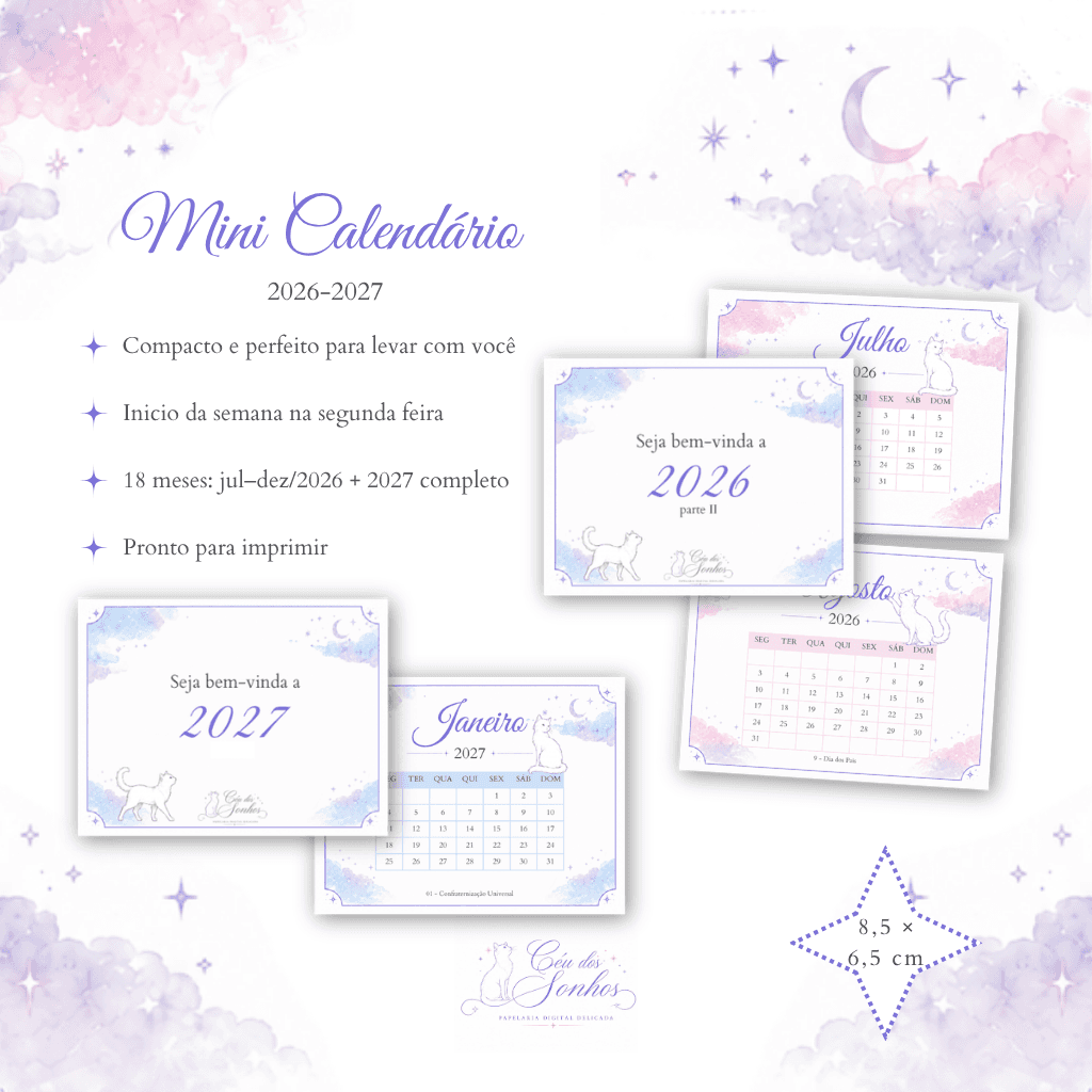 Mini Calendário 2026 + 2027 — produto digital para imprimir