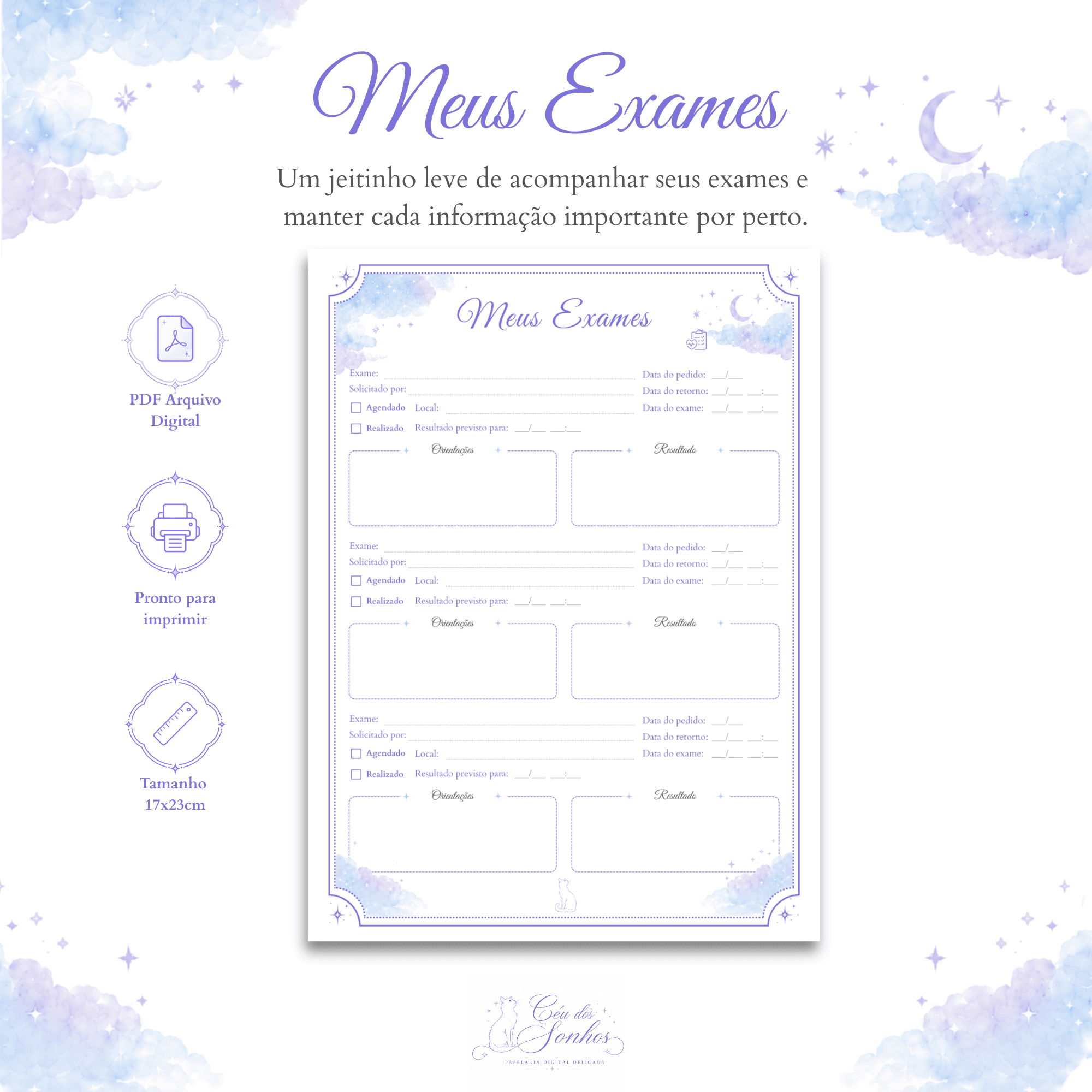 Insert Meus Exames — produto digital para imprimir
